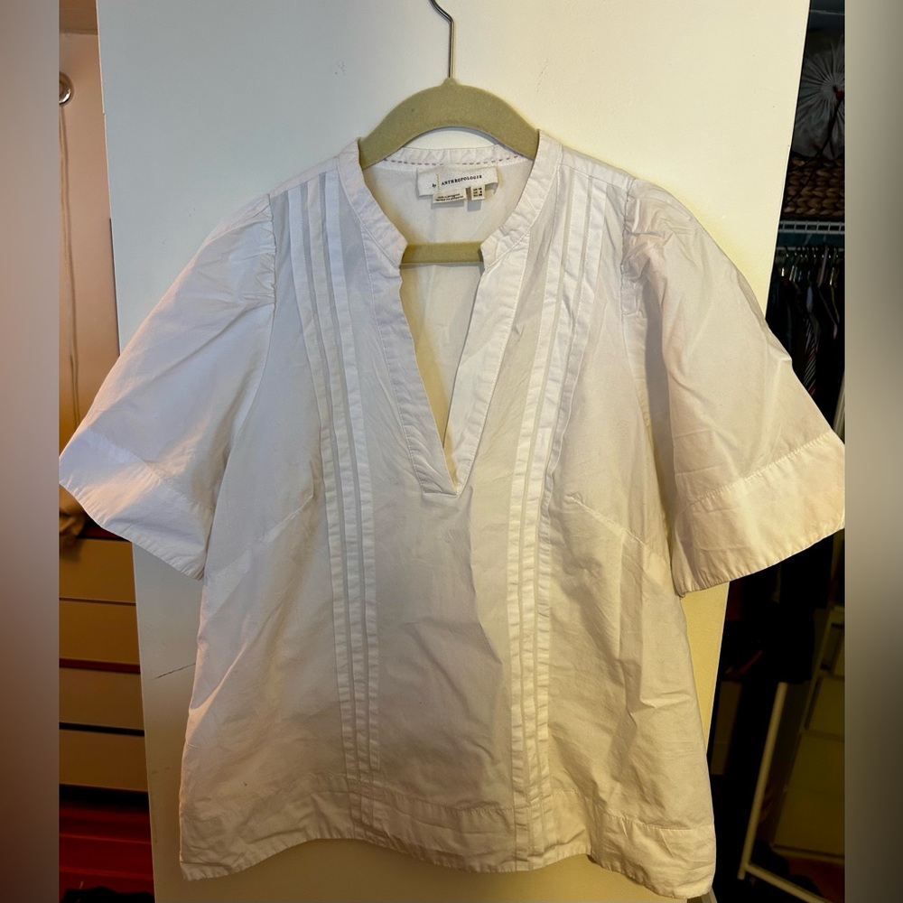 Anthropologie White Casual Button Down Shirt with Pintuck Details